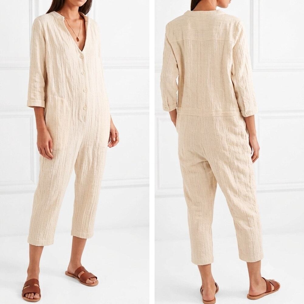 Hatch Cream Textured Crinkle Cotton Gauze Jumpsuit Size Petite P Coastal